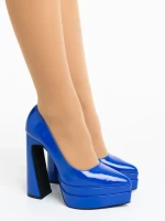 Pantofi dama cu toc albastri din piele ecologica lacuita Dazani