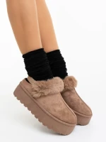 Papuci dama bej inchis din material textil Temaria