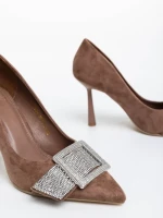 Pantofi dama khaki cu toc din material textil Tiphanie