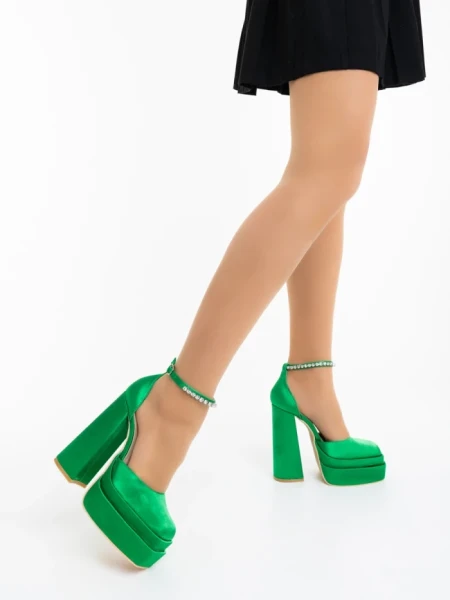 Pantofi dama cu toc verzi  din material textil Arcania