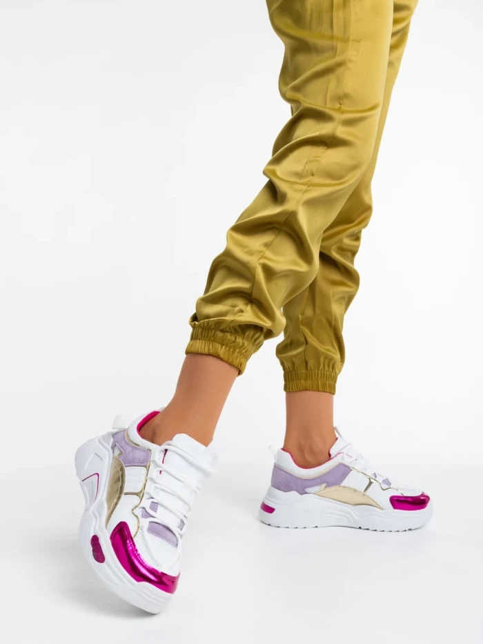 Pantofi sport dama albi cu fucsia din piele ecologica si material textil Reena