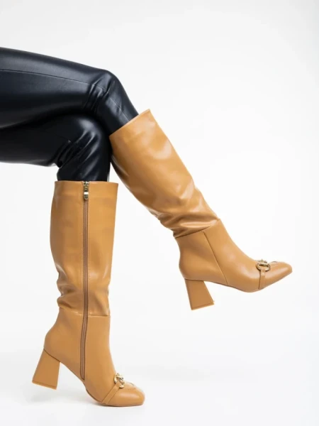 Cizme dama bej inchis din piele ecologica Karlee