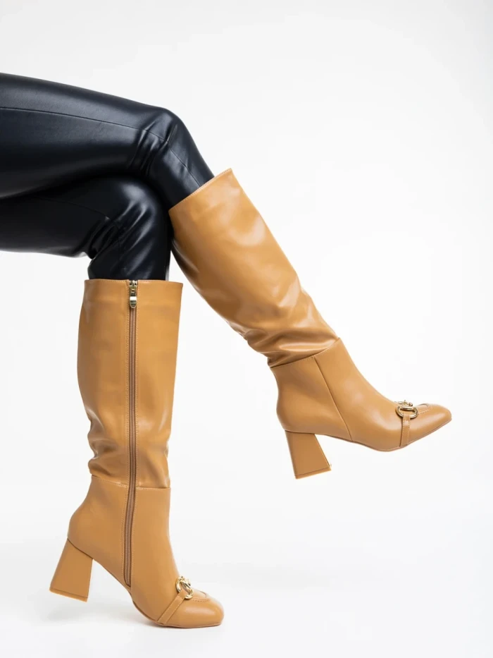 Cizme dama bej inchis din piele ecologica Karlee