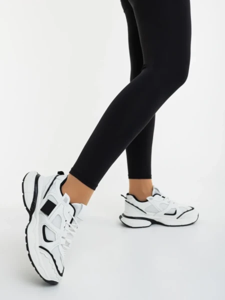 Pantofi sport dama alb cu negru din piele ecologica si material textil Revana