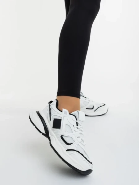 Pantofi sport dama alb cu negru din piele ecologica si material textil Revana