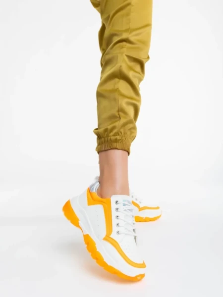 Pantofi sport dama albi cu portocaliu din piele ecologica Mona