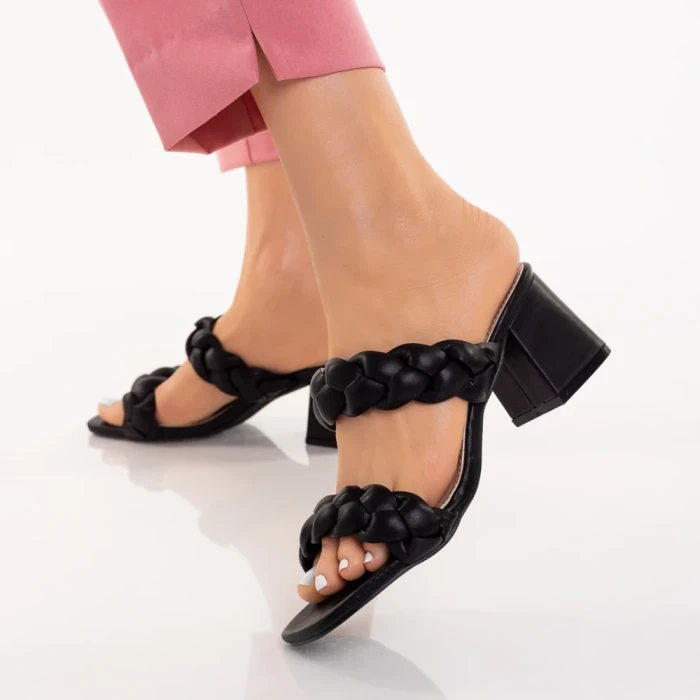 Papuci dama cu toc negri din piele ecologica Mylah