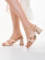 Papuci dama cu toc bej din piele ecologica Zoelle