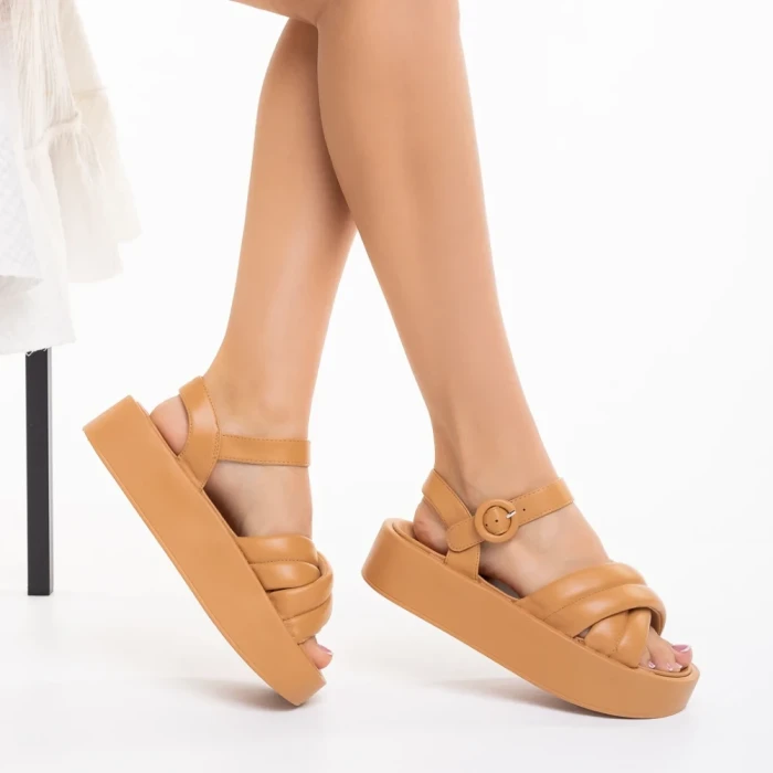 Sandale dama camel din piele ecologica Grova