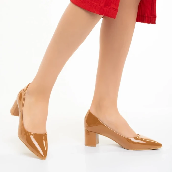 Pantofi dama camel din piele ecologica cu toc Afila
