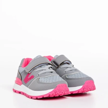 Pantofi sport copii gri cu roz din piele ecologica Rockie