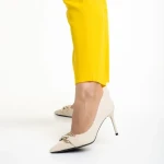 Pantofi dama bej din material textil cu toc Rosette