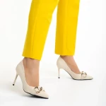 Pantofi dama bej din material textil cu toc Rosette