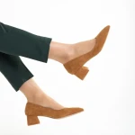 Pantofi dama camel din material textil cu toc Cataleya