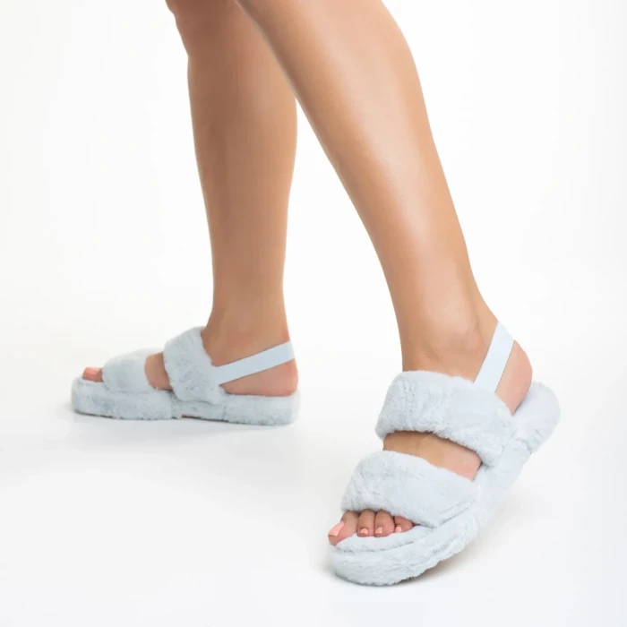 Papuci dama albastri din blana sintetica Reneka