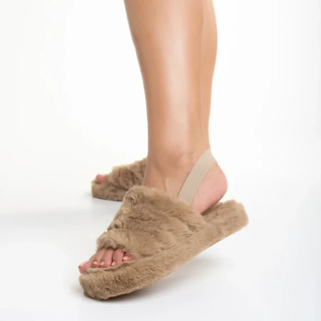 Papuci dama bej inchis din blana sintetica Retal