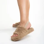 Papuci dama bej inchis din blana sintetica Retal