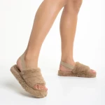 Papuci dama bej inchis din blana sintetica Retal