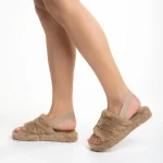 Papuci dama bej inchis din blana sintetica Retal