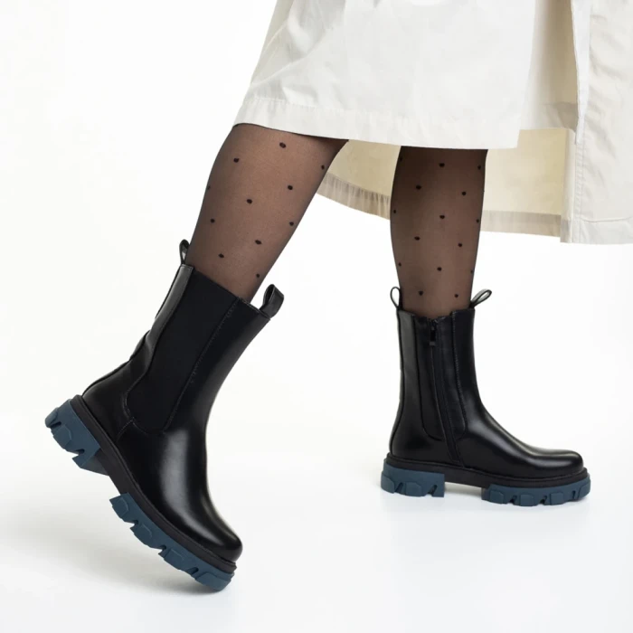 Cizme dama negre cu albastru din piele ecologica Idalia