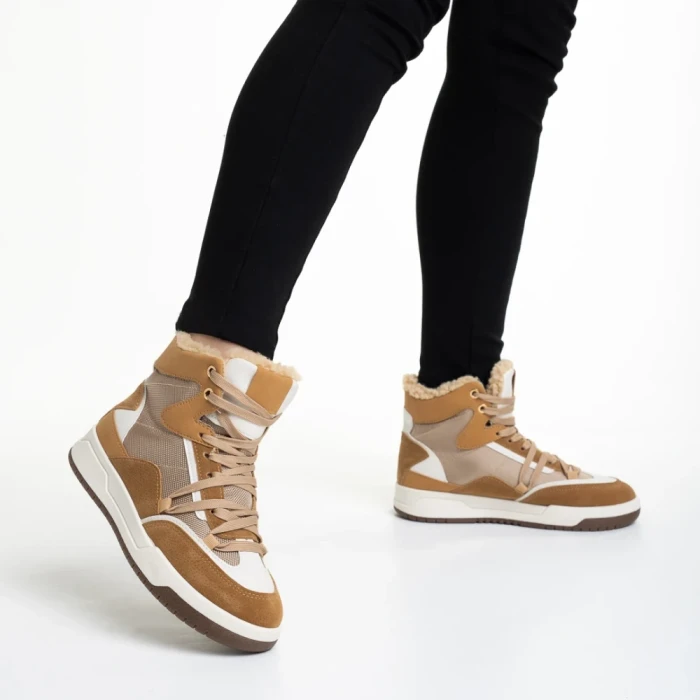 Pantofi sport dama camel din piele ecologica si material textil Reveca