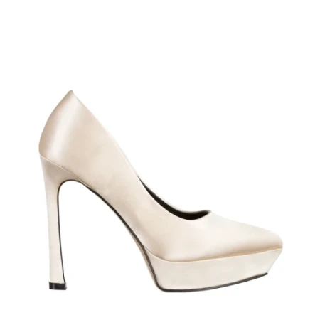 Pantofi dama bej din material textil cu toc Coriana