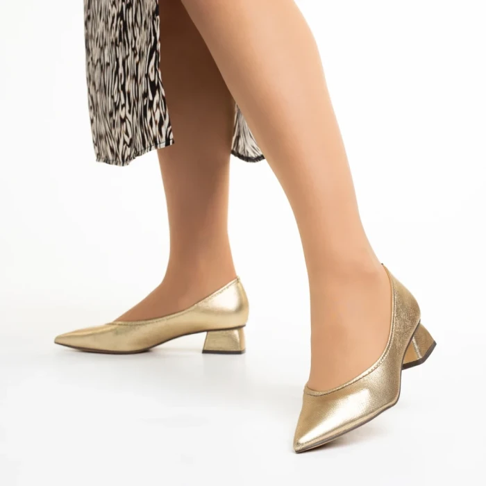 Pantofi dama aurii din material textil cu toc Ziva