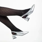 Pantofi dama argintii din piele ecologica cu toc Zelda