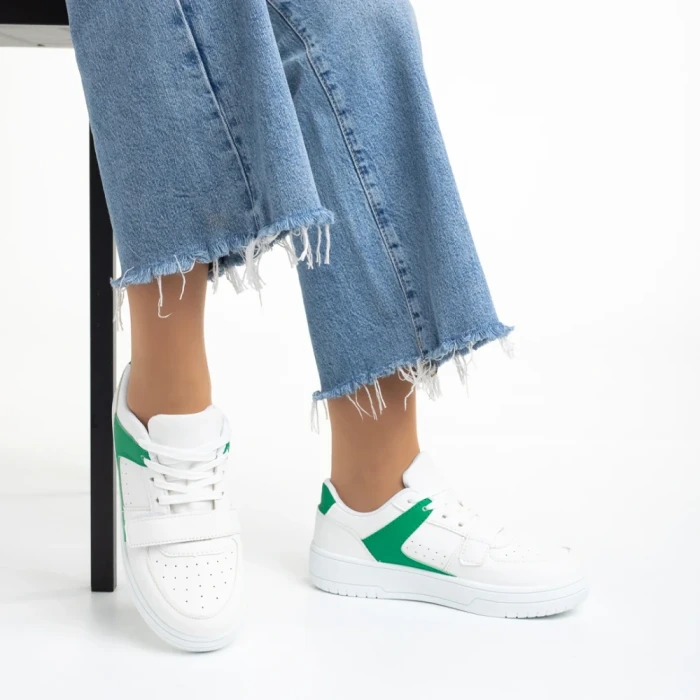 Pantofi sport dama albi cu verde din piele ecologica Sonal