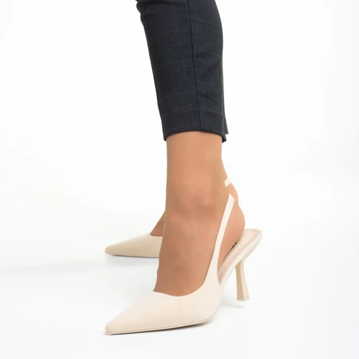 Pantofi dama bej din material textil cu toc Oveta