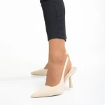 Pantofi dama bej din material textil cu toc Oveta