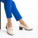 Pantofi dama bej din piele ecologica lacuita cu toc Ilonka