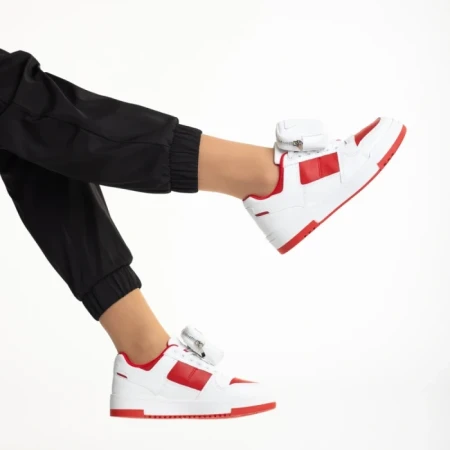 Pantofi sport dama albi cu rosu din piele ecologica Inola