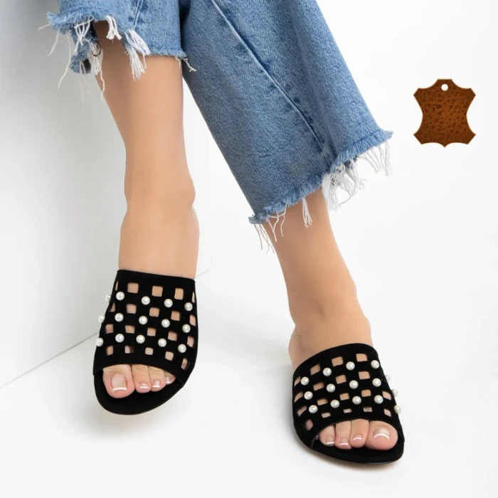 Papuci dama Marco negri din piele naturala Elba