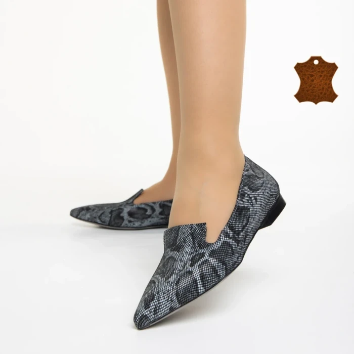 Balerini dama Marco gri cu negru din piele naturala Lally