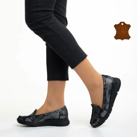 Mocasini dama negri cu gri din piele naturala Zofia
