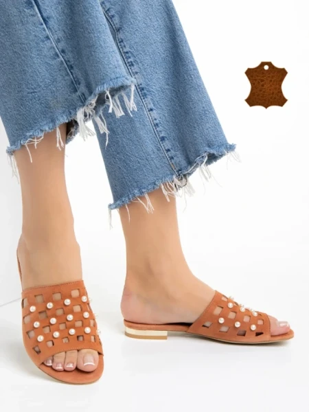 Papuci dama Marco portocalii din piele naturala Elba