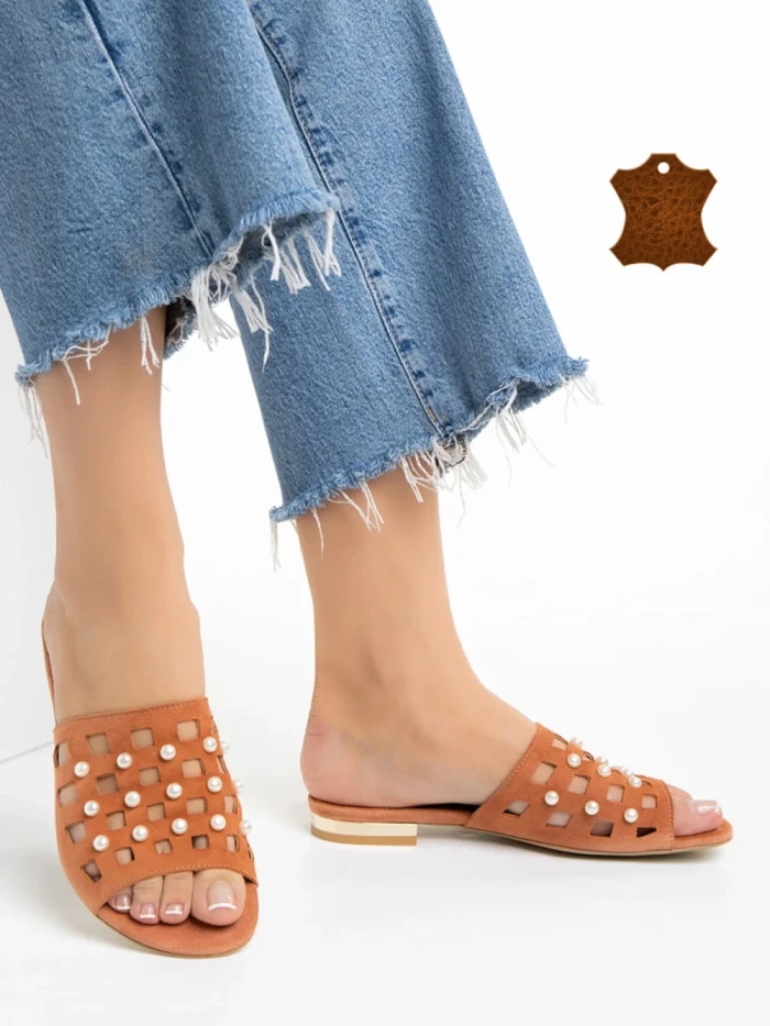 Papuci dama Marco portocalii din piele naturala Elba