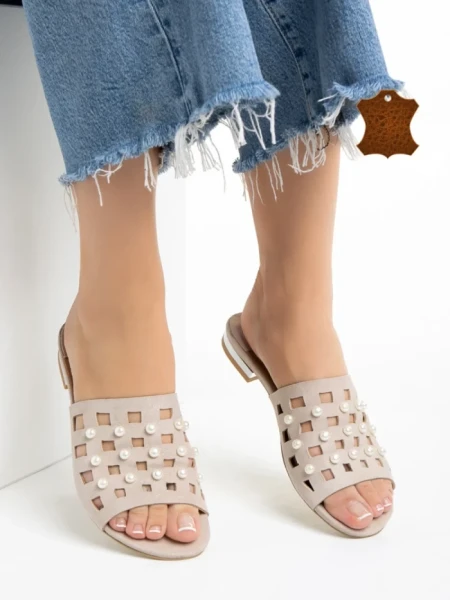 Papuci dama Marco bej din piele naturala Elba