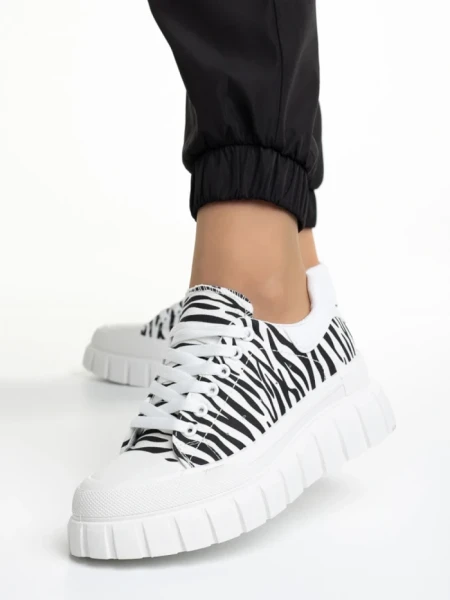 Tenisi dama albi cu negru din material textil Abon