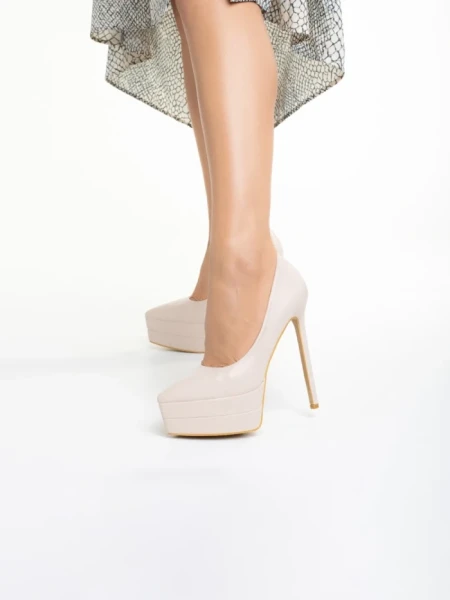 Pantofi dama bej cu toc din piele ecologica Malinda