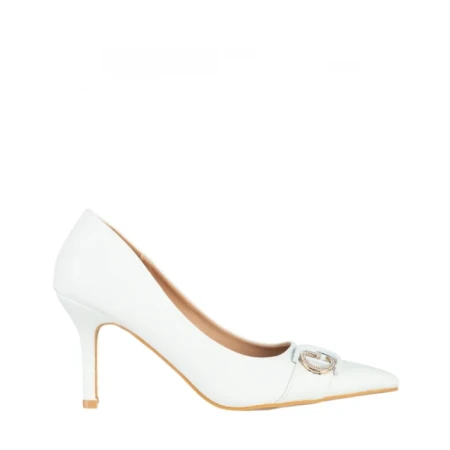Pantofi dama albi cu toc din piele ecologica Yuka