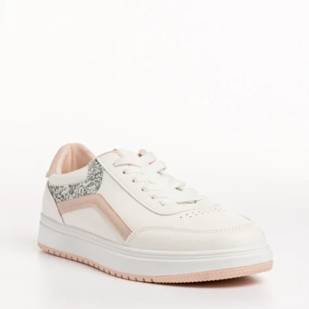 Pantofi sport dama albi cu roz din piele ecologica Damiana