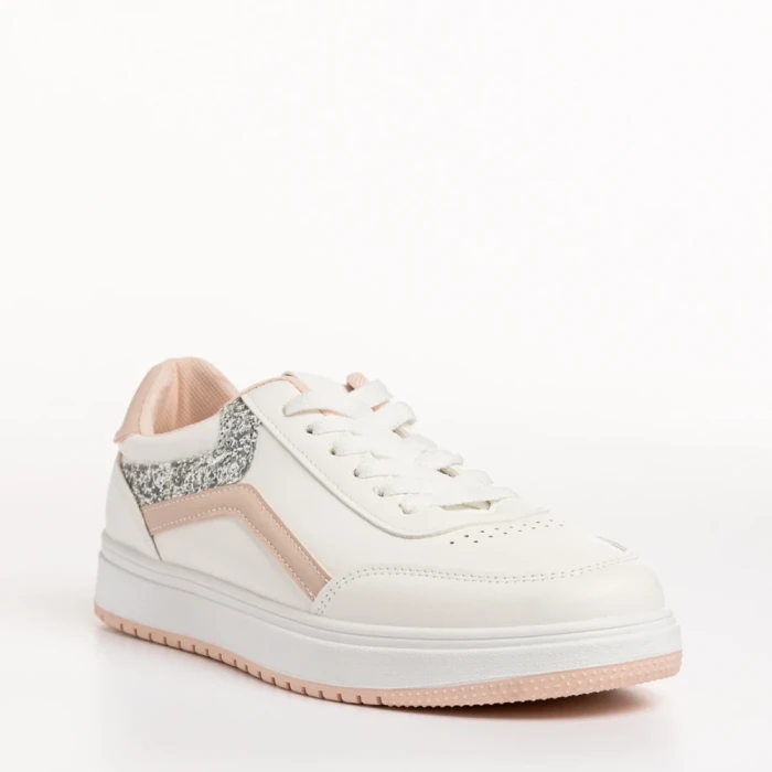 Pantofi sport dama albi cu roz din piele ecologica Damiana