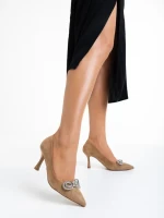 Pantofi dama bej inchis cu toc din material textil Nayara