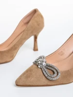 Pantofi dama bej inchis cu toc din material textil Nayara