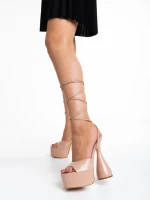 Sandale dama bej inchis din piele ecologica lacuita Narine