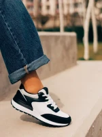 Pantofi sport dama negri cu alb din piele ecologica si material textil Joandra