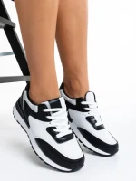 Pantofi sport dama negri cu alb din piele ecologica si material textil Joandra