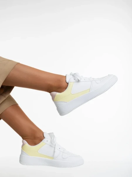 Pantofi sport dama albi cu galben din piele ecologia Sameria